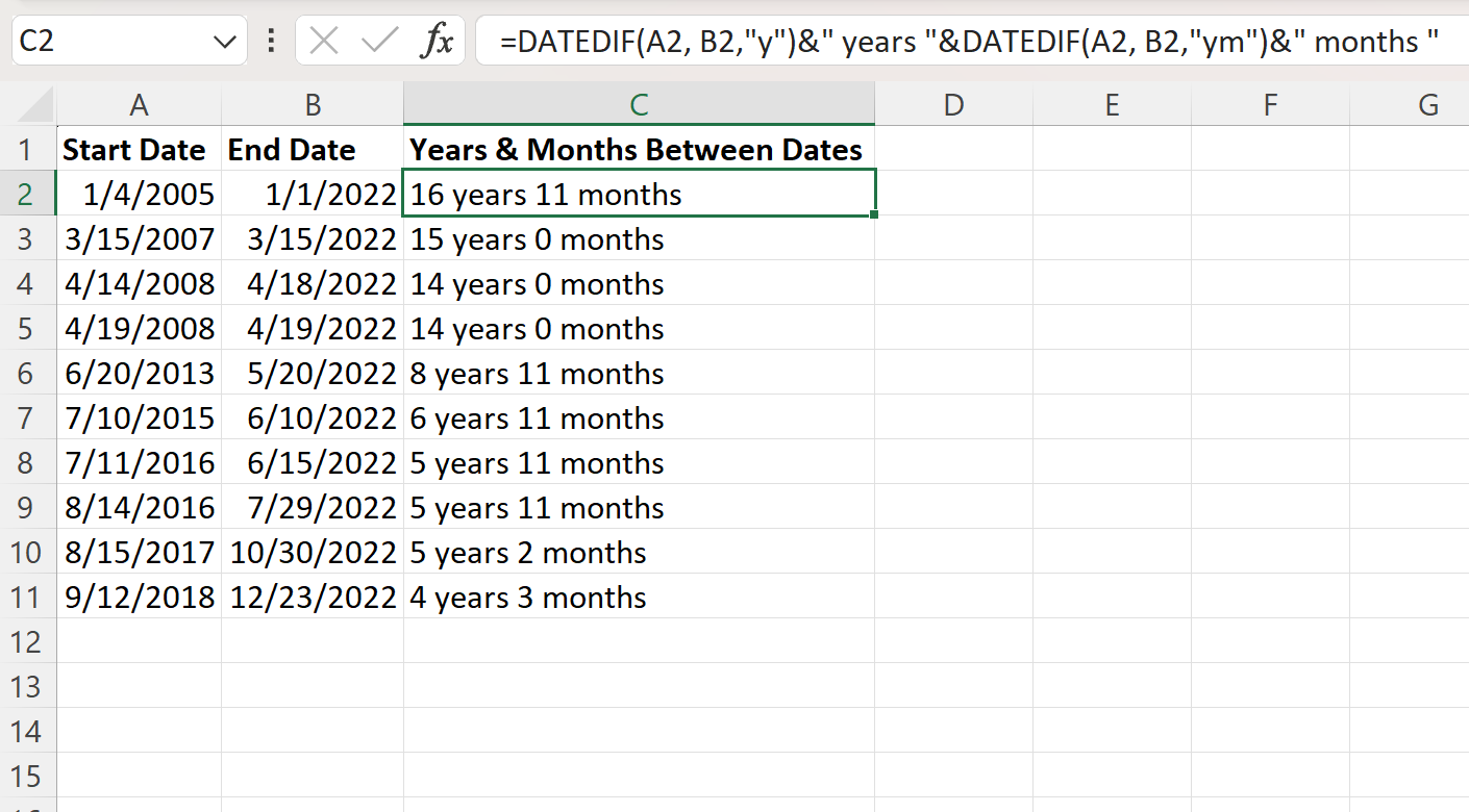 Excel calculate years and months between two dates