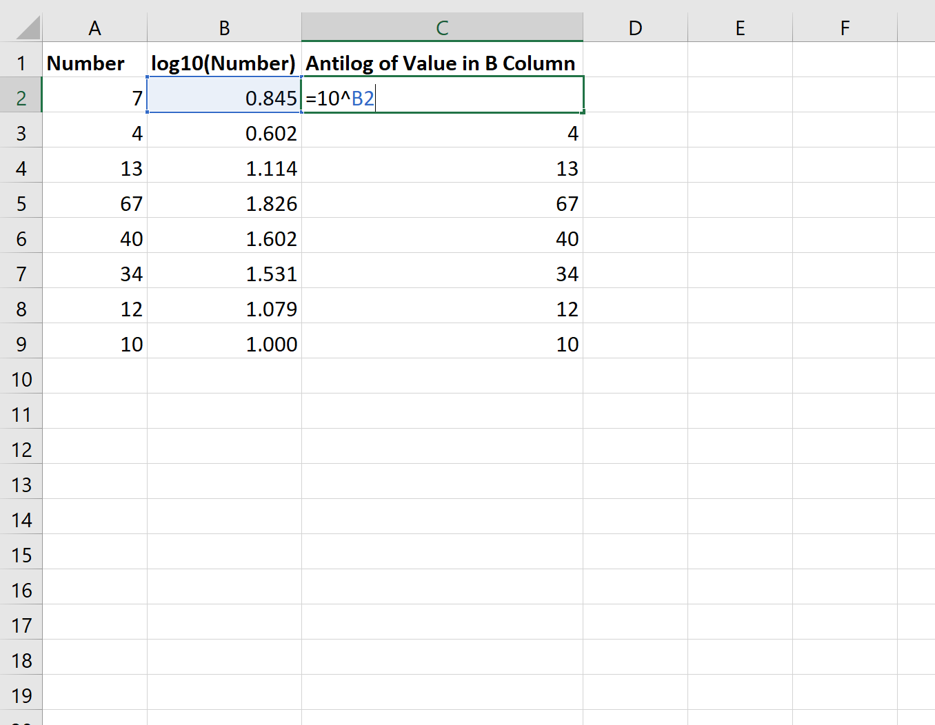 Antilog in Excel for log base 10
