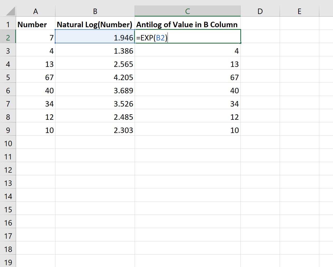 Antilog in Excel for natural logarithm