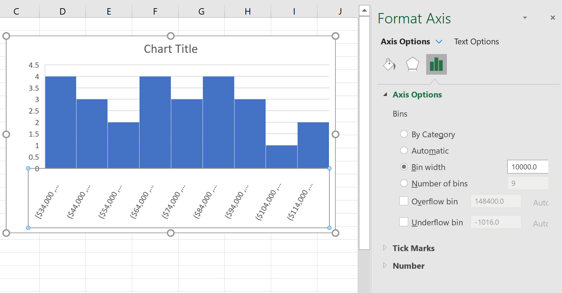 Decrease bin width in Excel