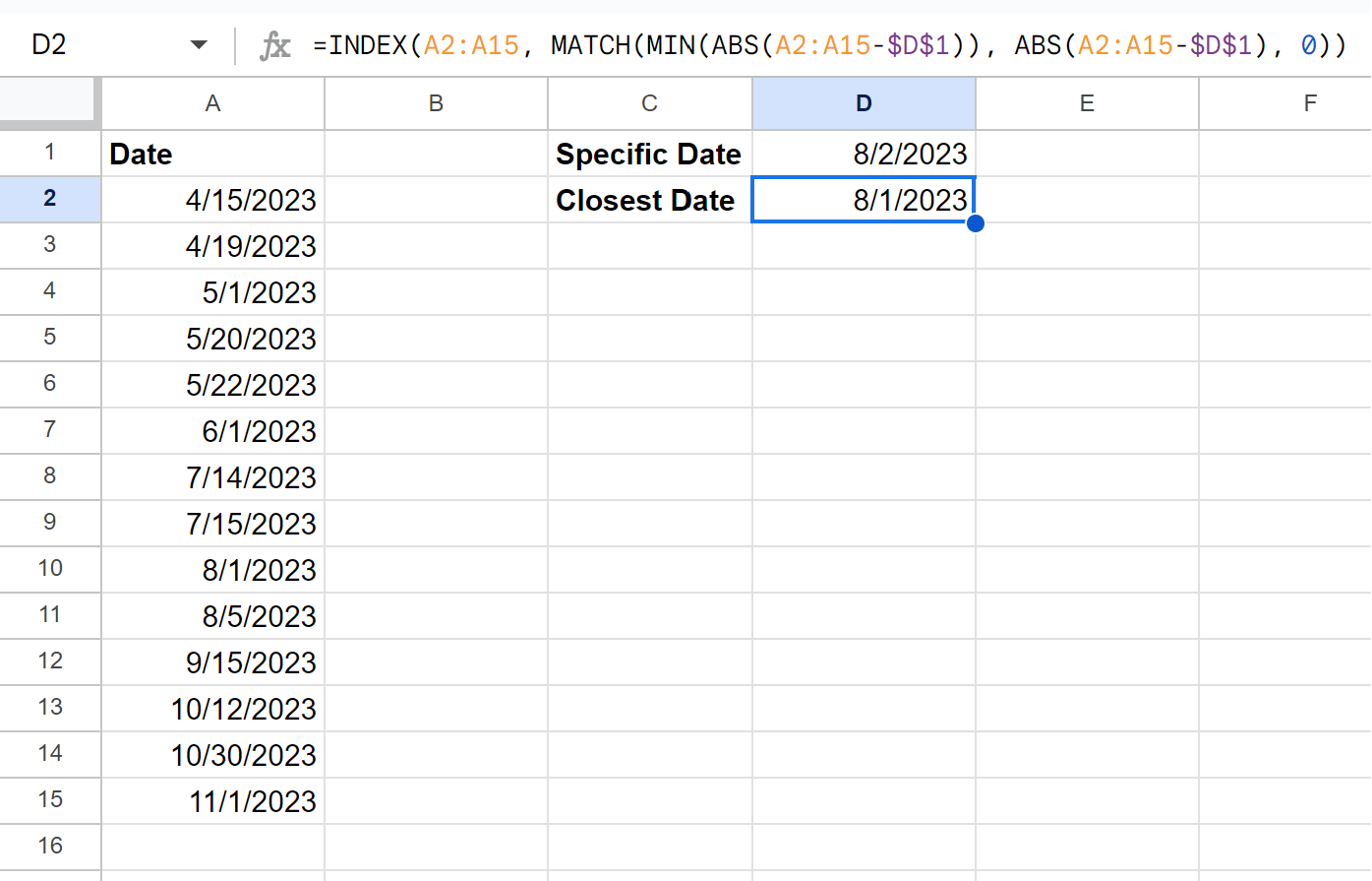 Google Sheets find closest date