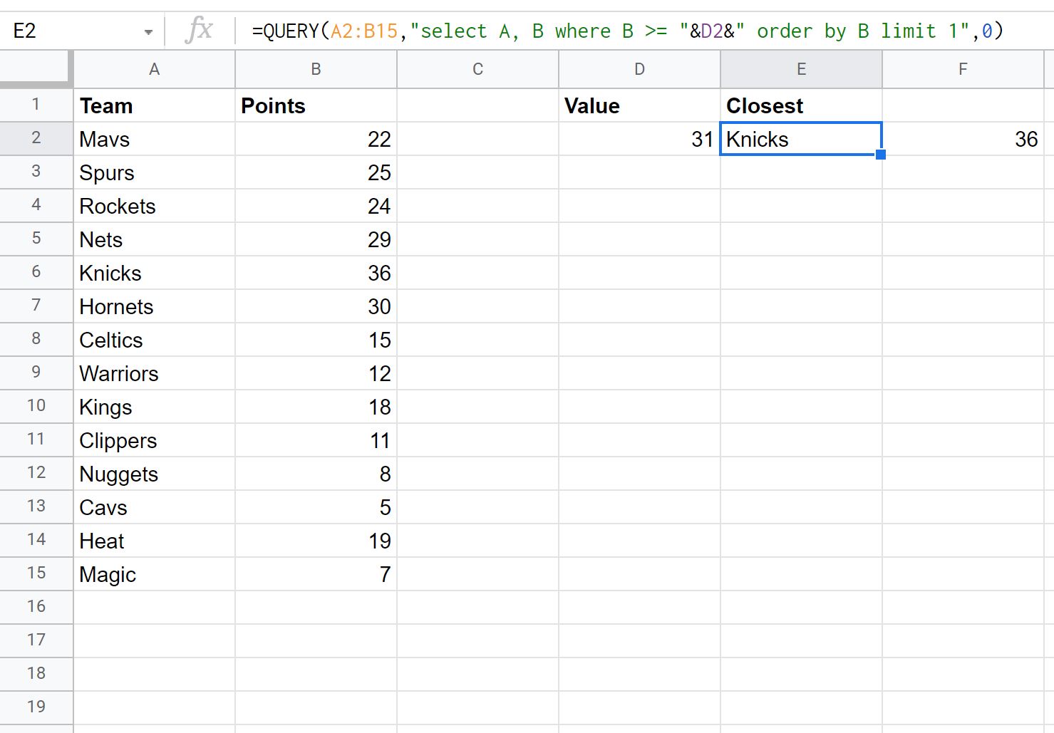 Google Sheets find closest value greater than