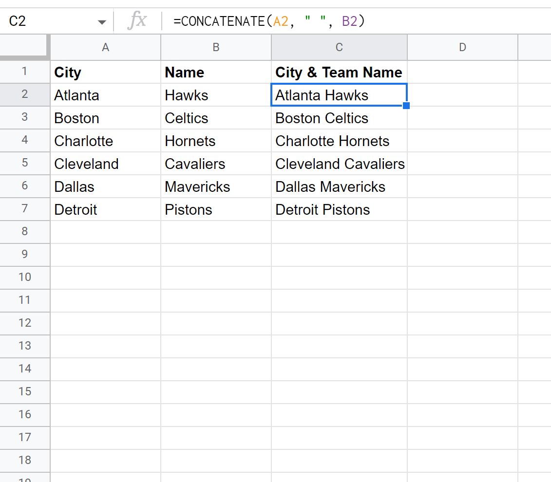 Google Sheets concatenate with a space