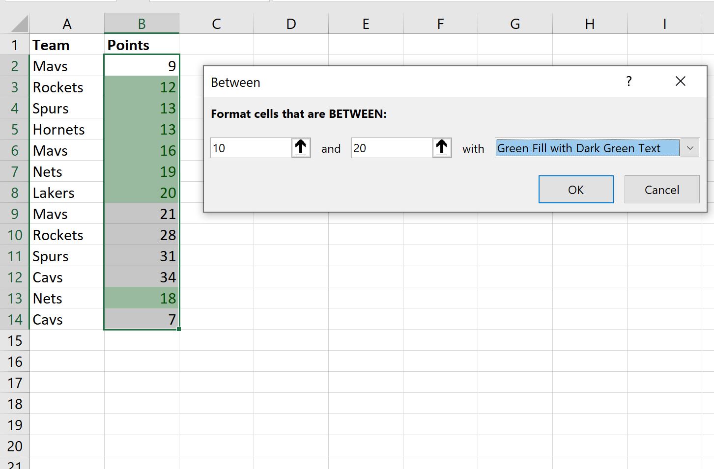 conditional formatting between two values in Excel