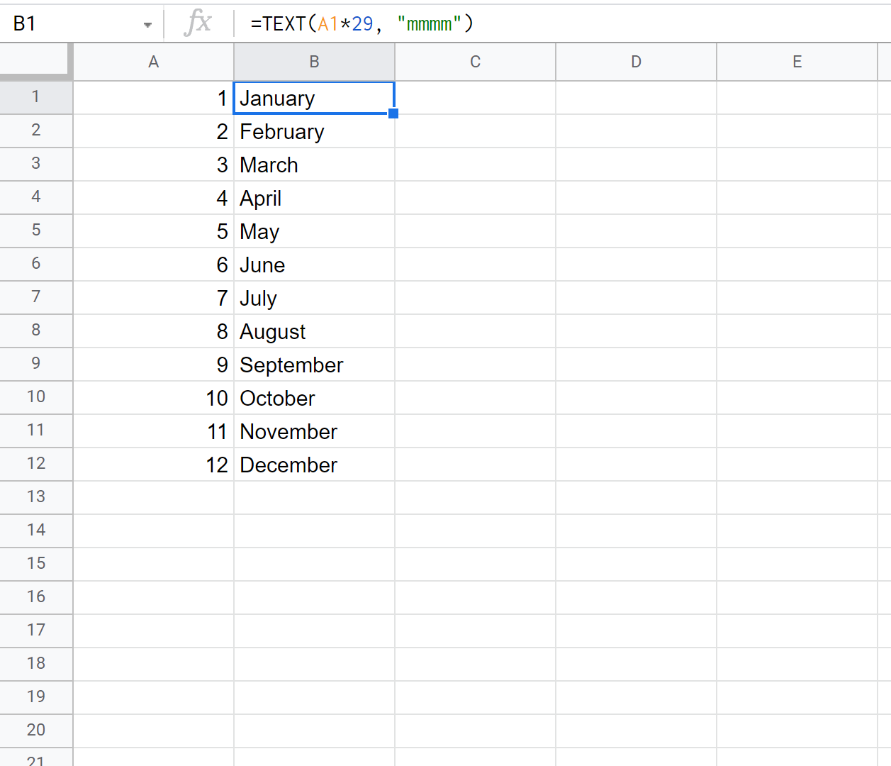 convert month number to month name in Google Sheets