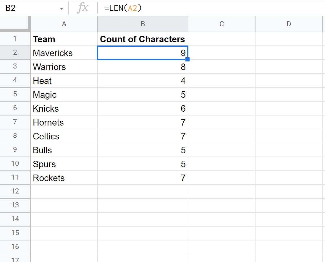 count characters in Google Sheets