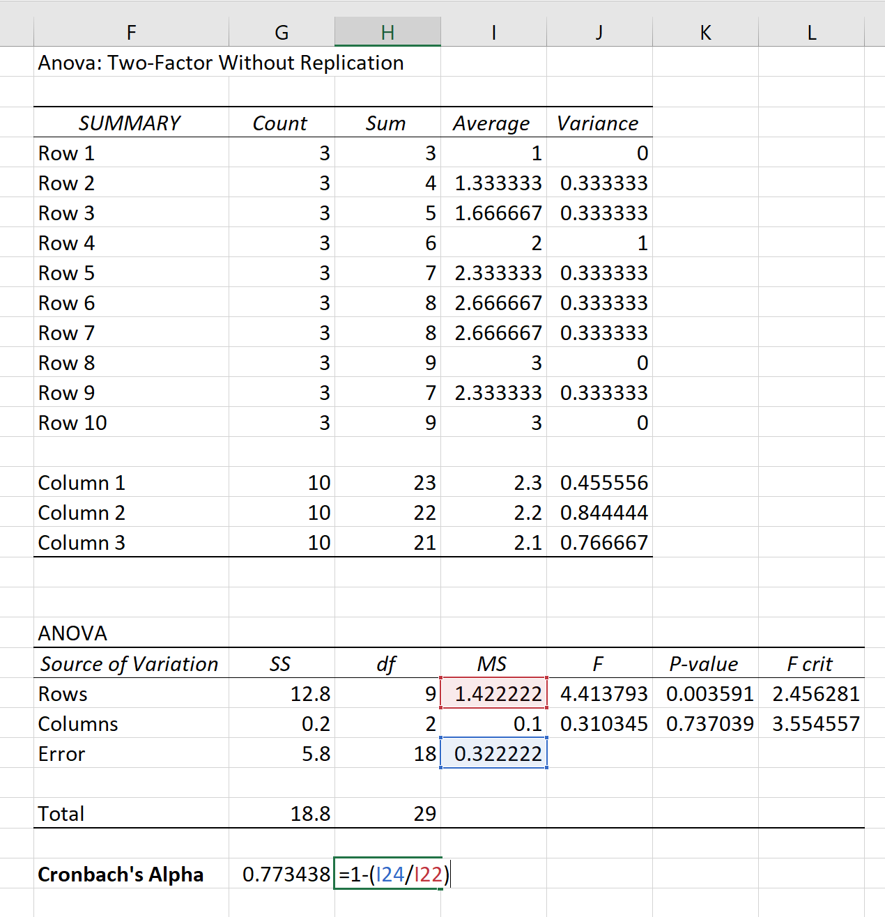 Cronbach's Alpha in Excel