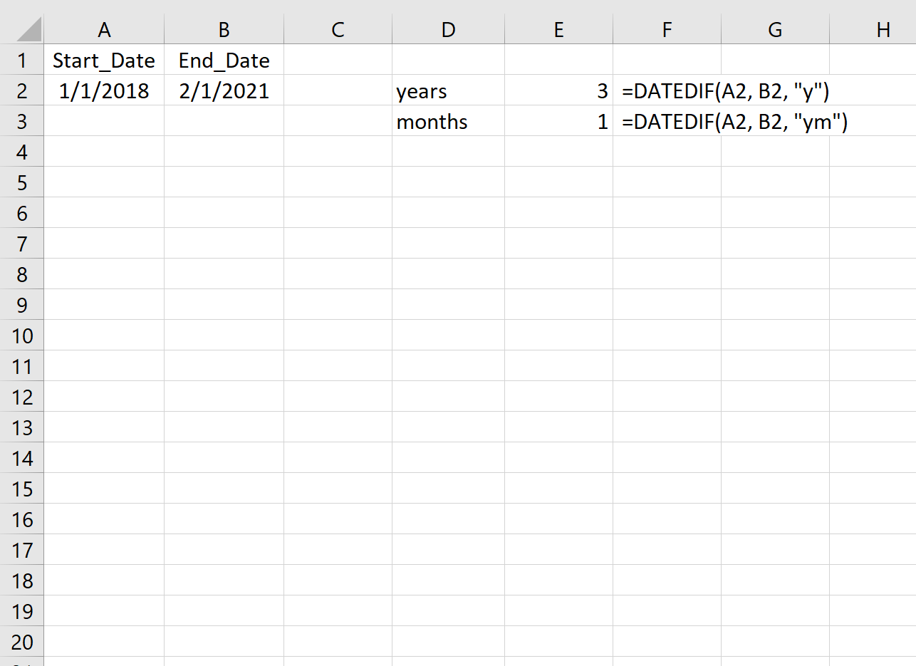 Difference in years and months between two dates in Excel