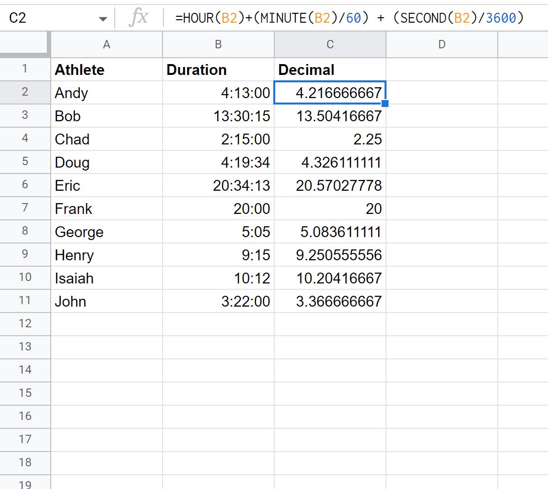 Google Sheets convert time to decimal