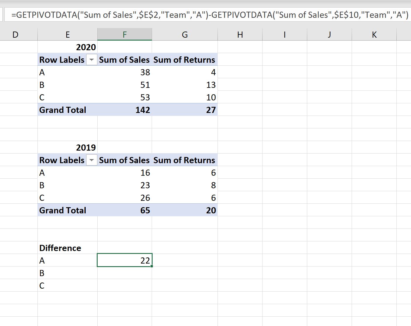 Excel calculate difference between two pivot tables