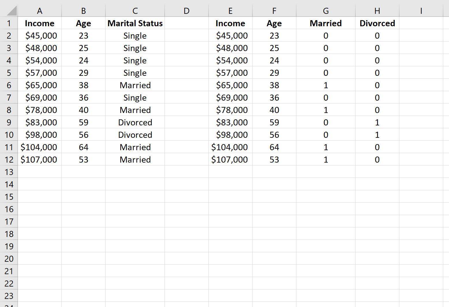 Dummy variables in Excel