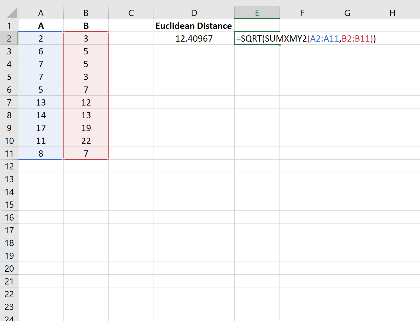 Euclidean distance in Excel