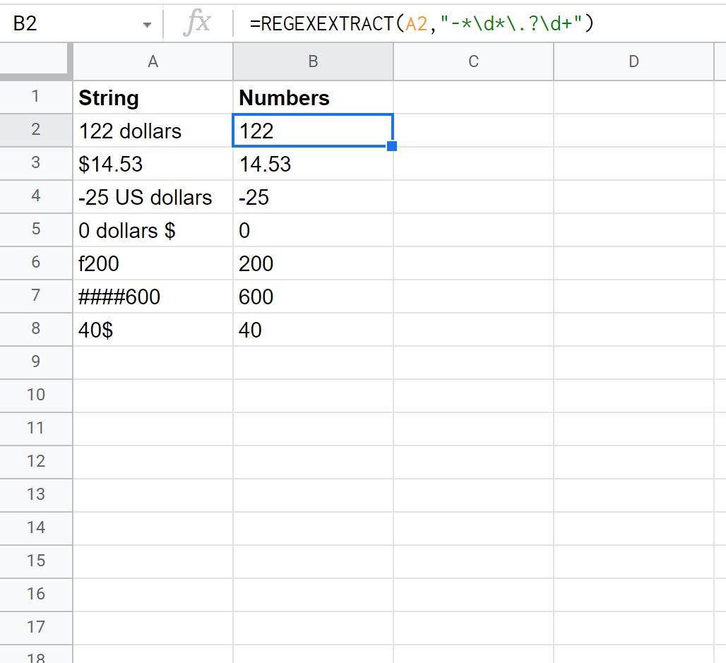 extract number from string in Google Sheets