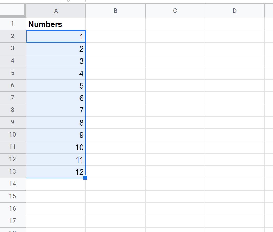 fill a series of numbers in Google Sheets