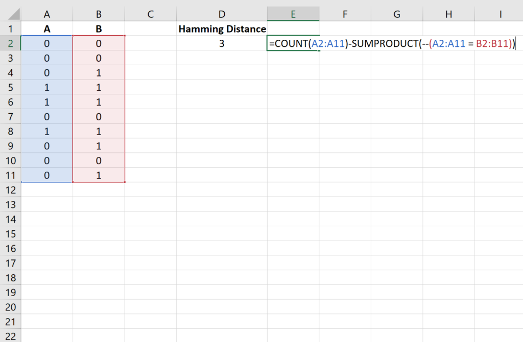 Hamming Distance in Excel