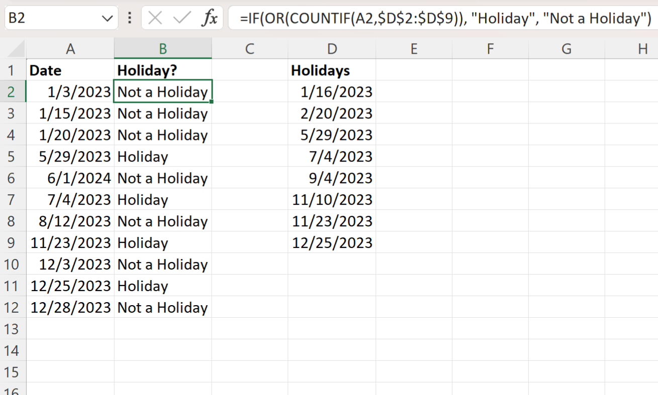 Excel check if date is a holiday