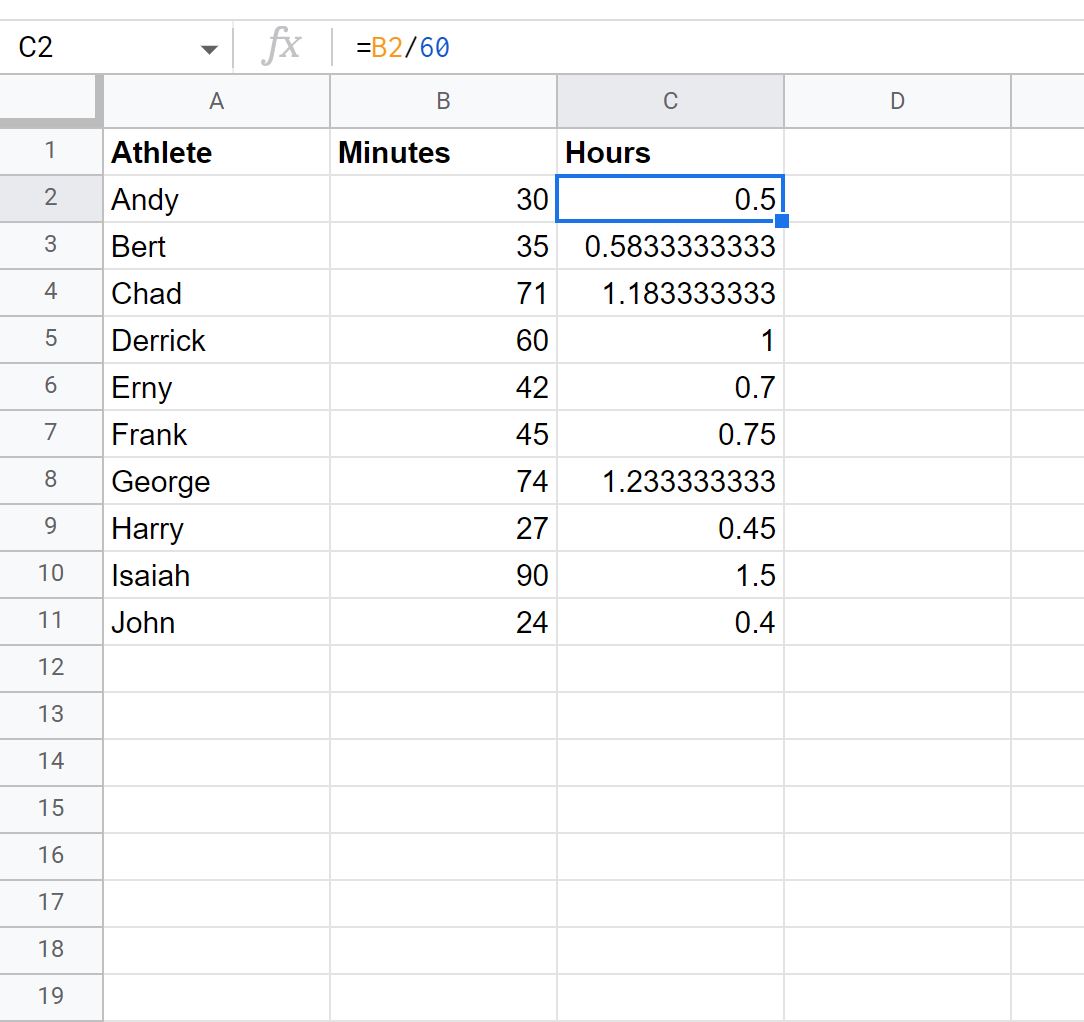 Google Sheets convert minutes to hours