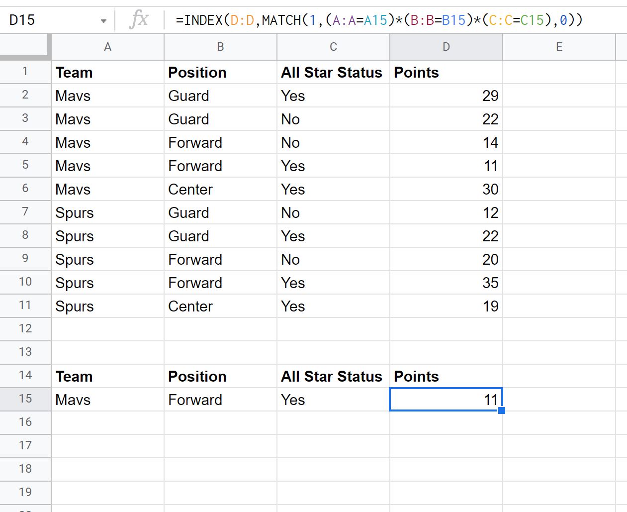 INDEX MATCH with multiple criteria in Google Sheets