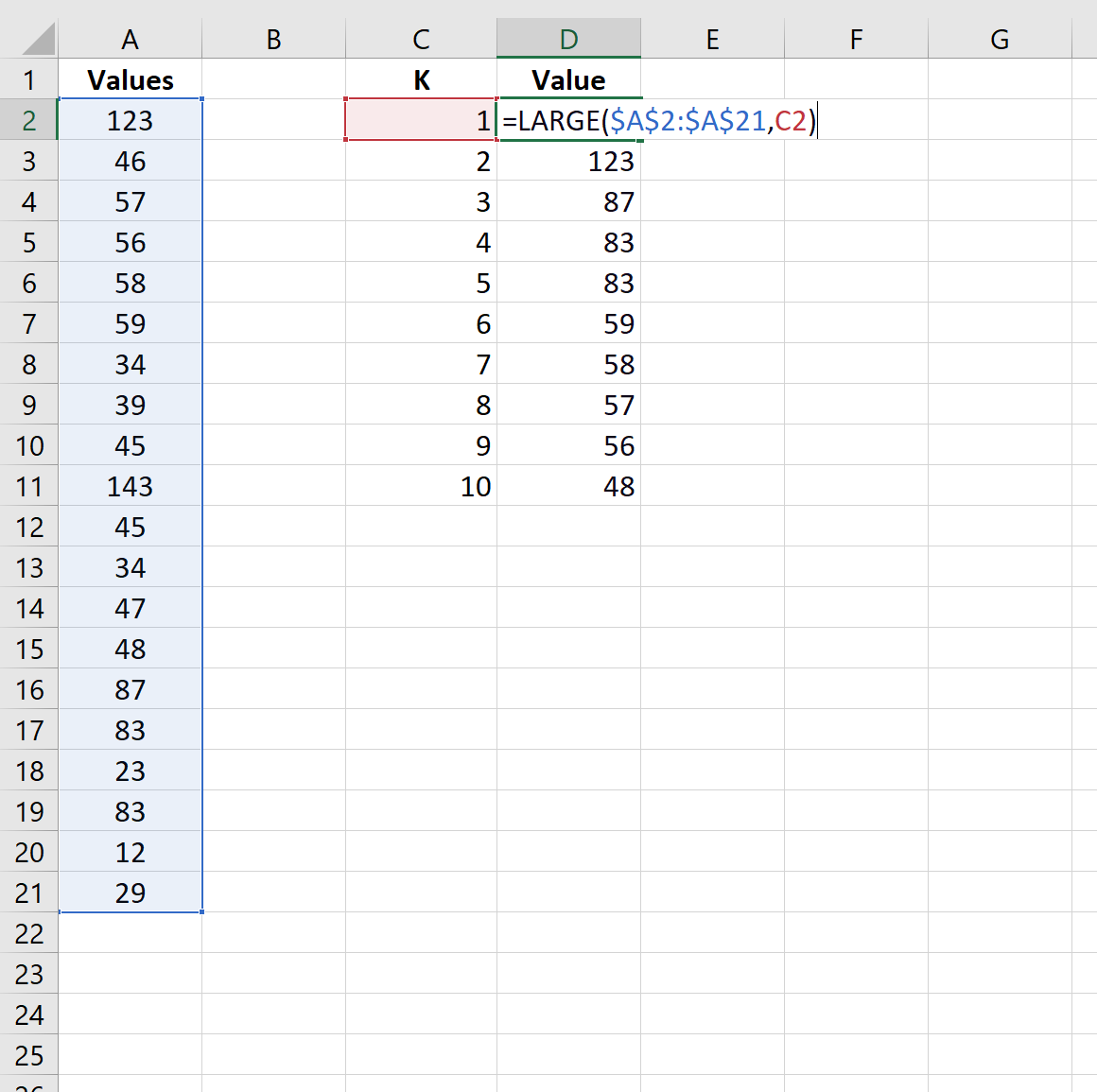 Find 10 largest values in list in Excel