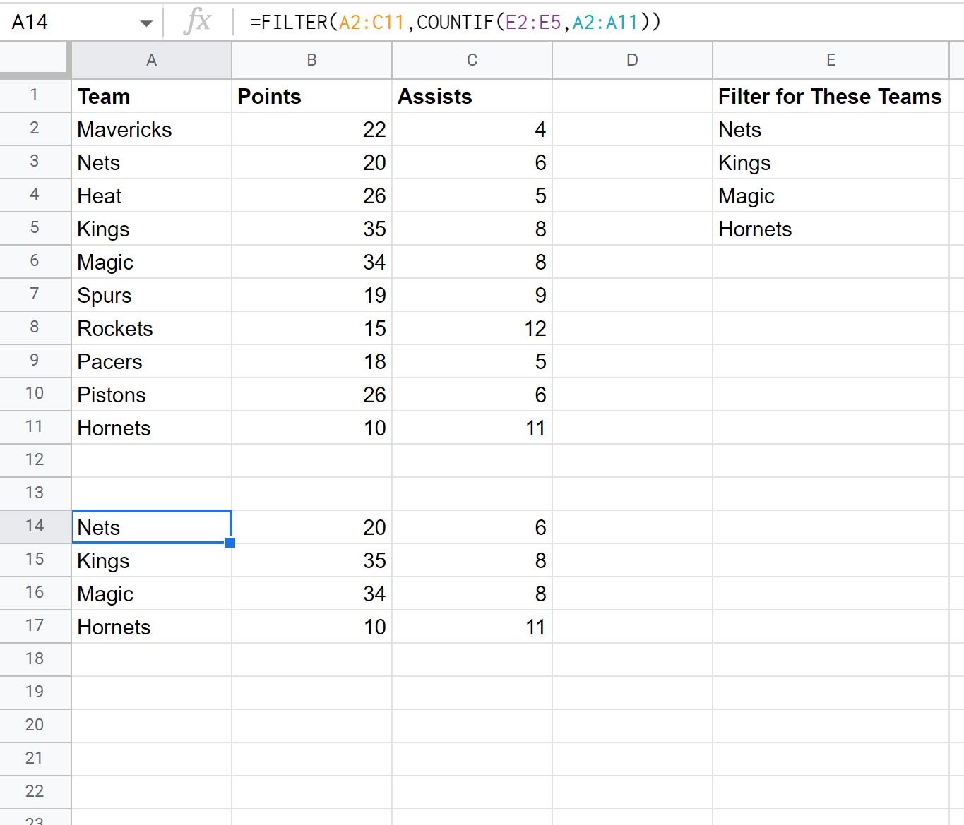 Google Sheets filter by list of values