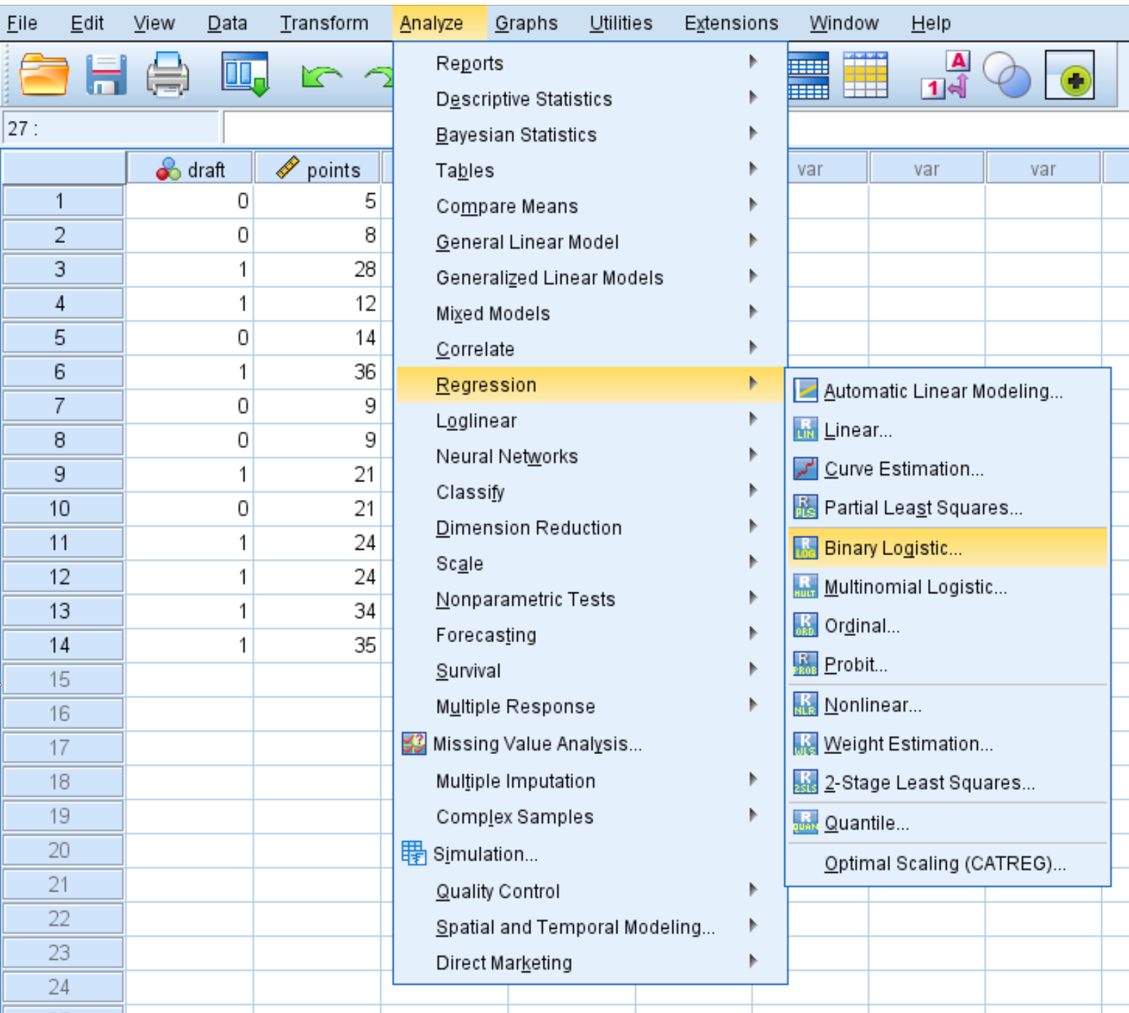 Binary logistic regression option in SPSS