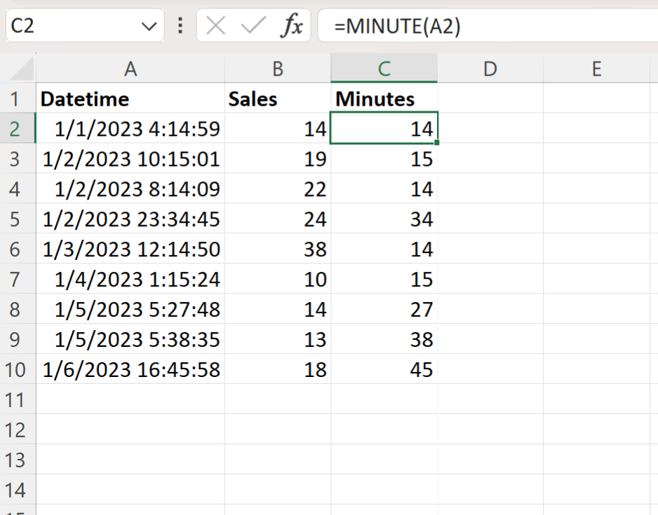 Excel extract minutes from datetime