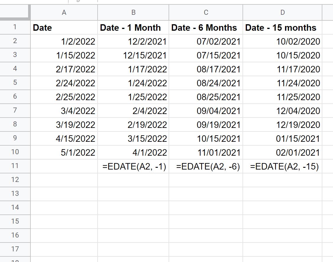 subtract months from date in Google Sheets