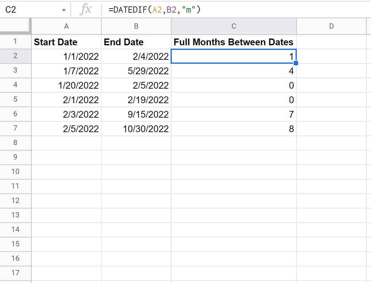 calculate months between two dates in Google Sheets