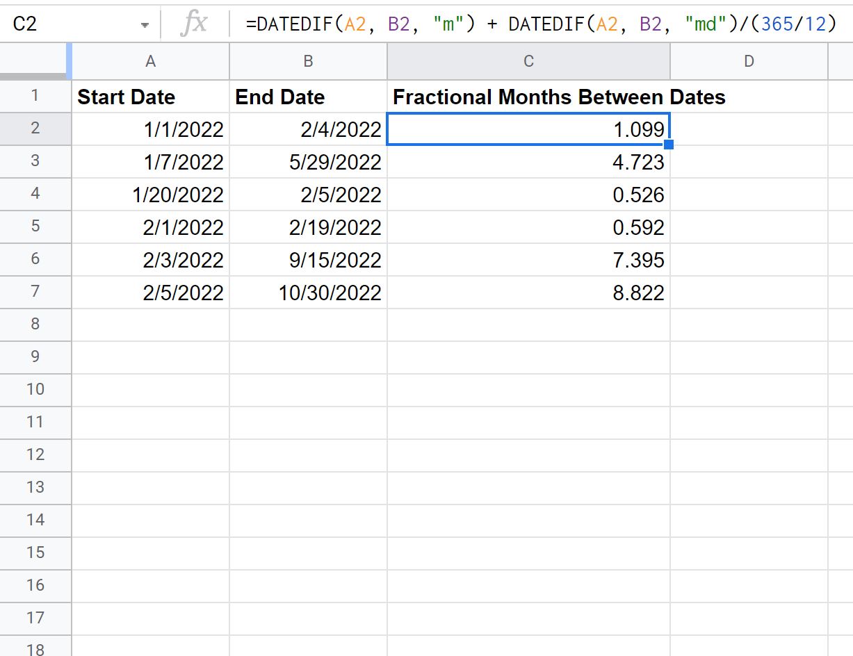 calculate fractional months between dates in Google Sheets