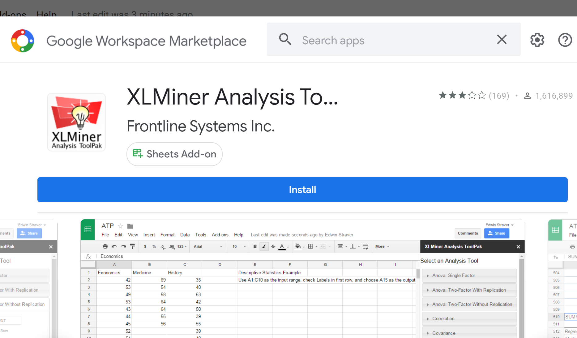 XLMiner Analysis Toolpak in Google Sheets