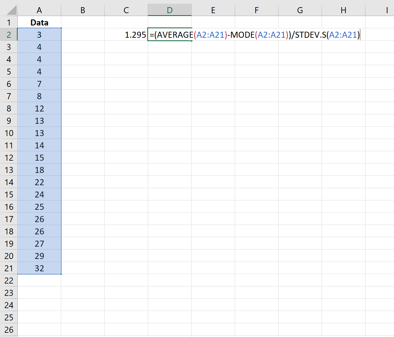 Pearson's coefficient of skewness in Excel