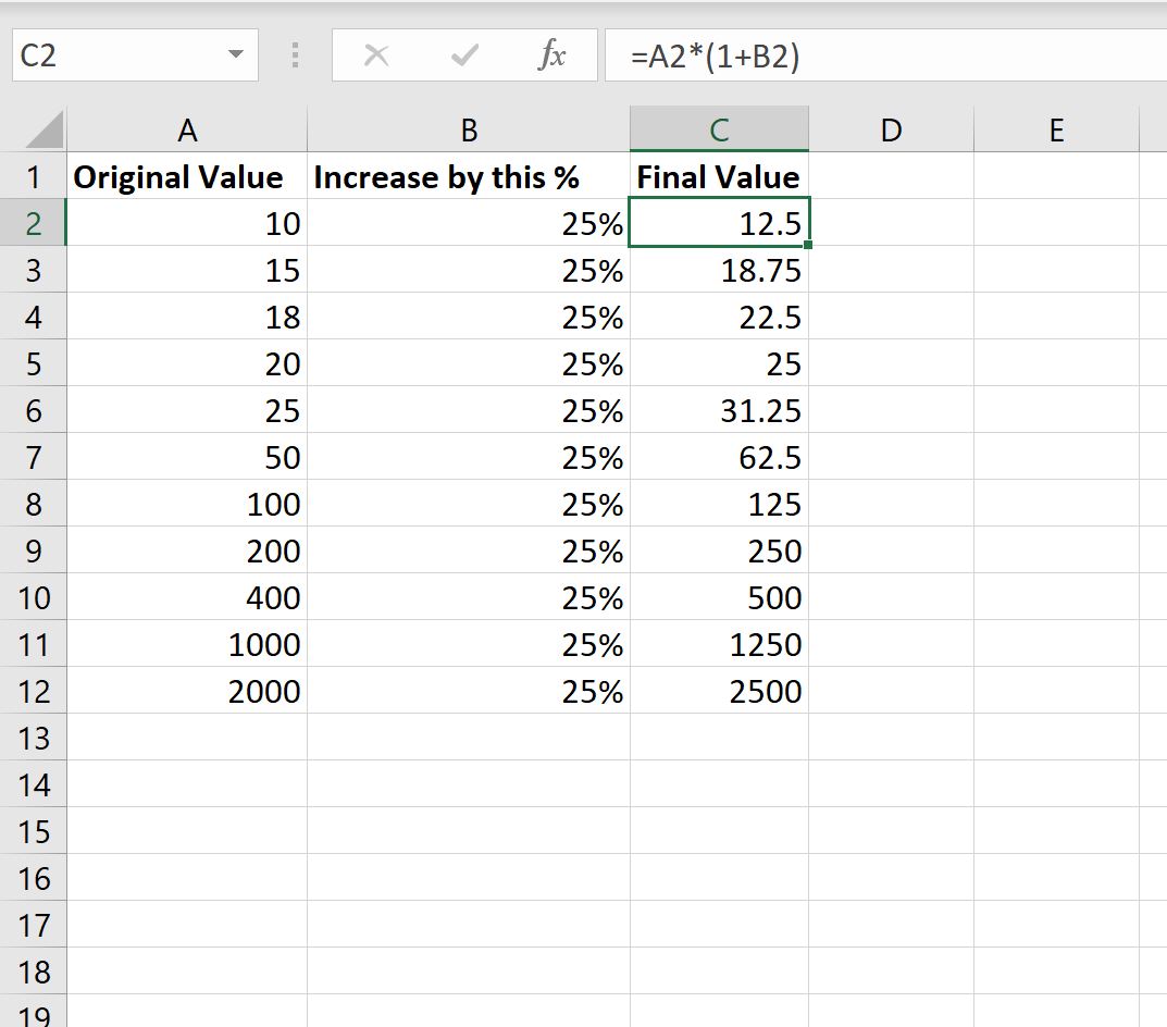 Excel increase value by percent