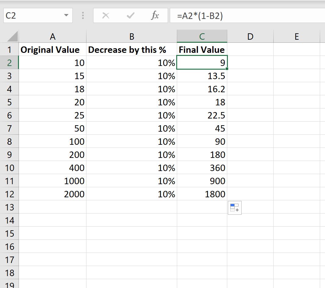 Excel decrease by percent