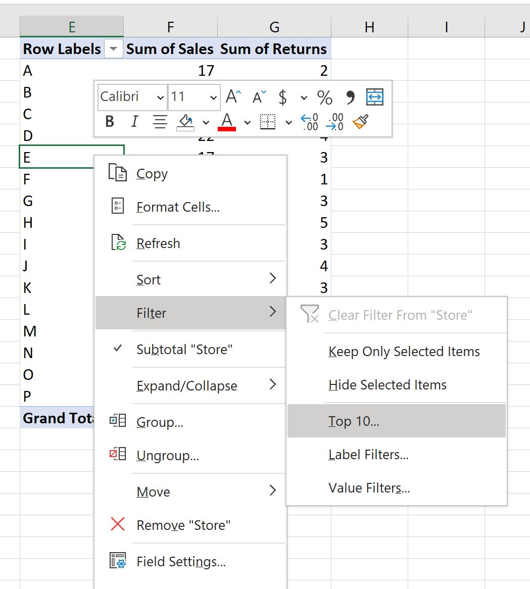 Excel pivot table filter top 10