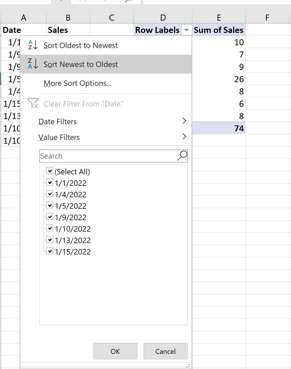 Excel sort pivot table by date