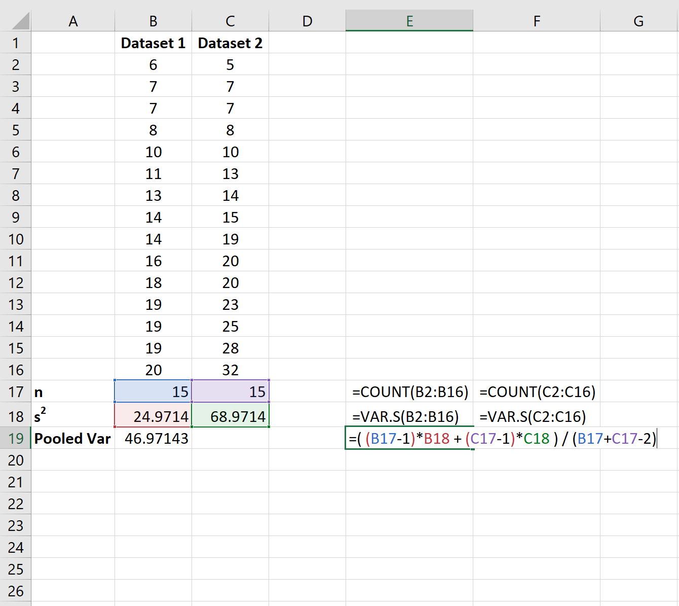 Pooled variance in Excel