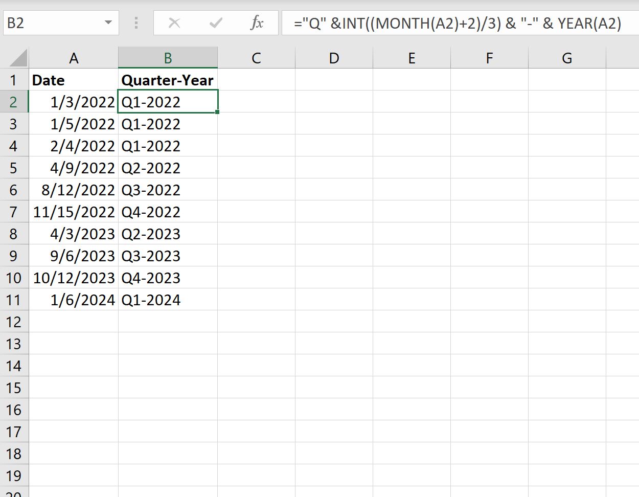 Excel convert date to quarter and year