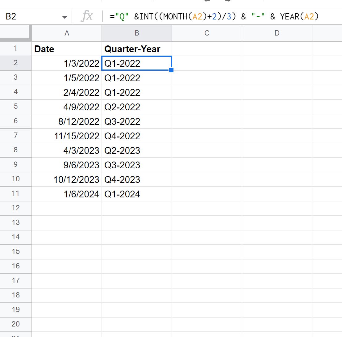 Google Sheets convert date to quarter and year
