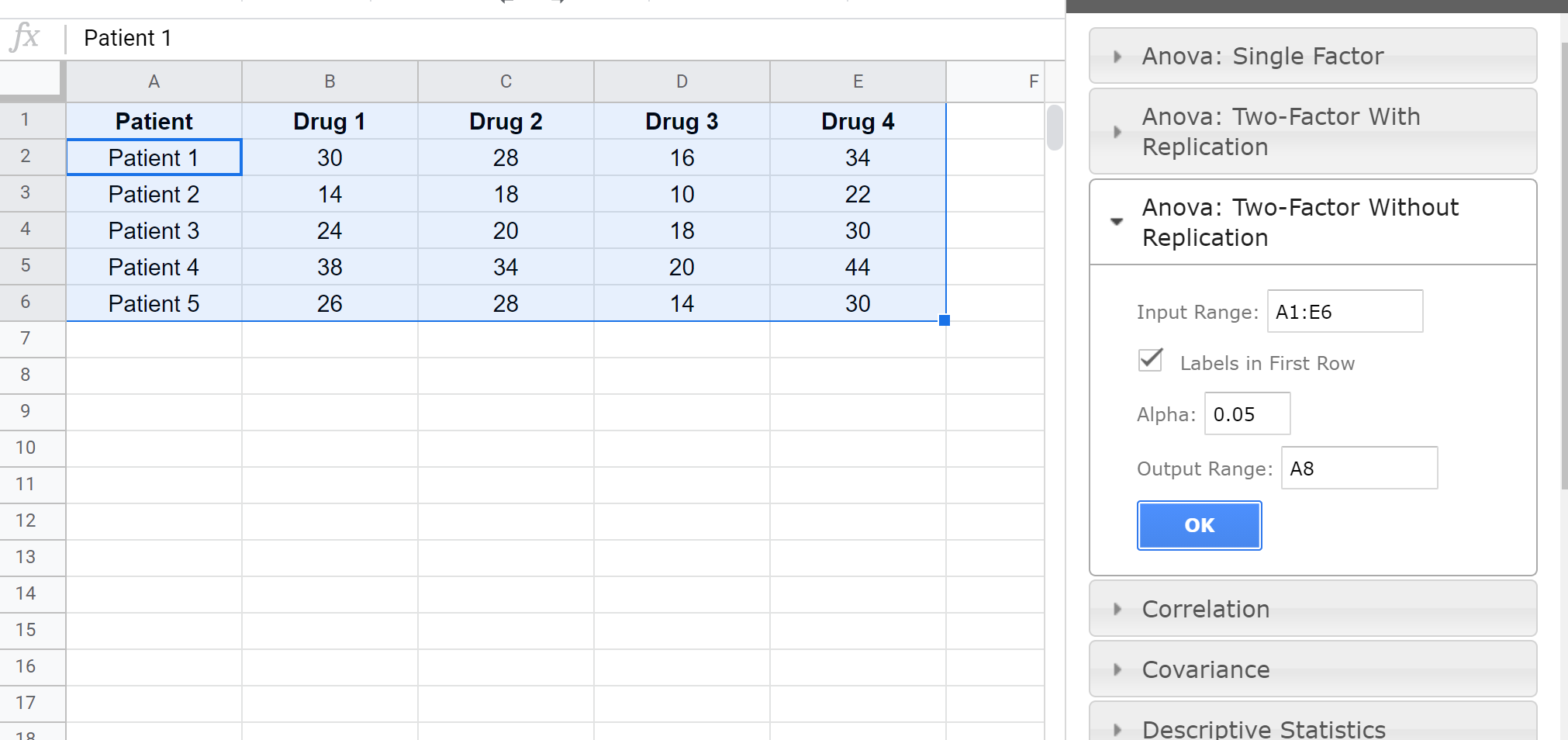 Repeated measures ANOVA in Google Sheets