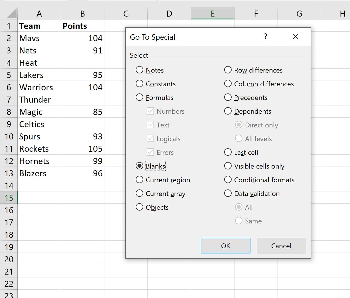 replace blanks with zero in Excel