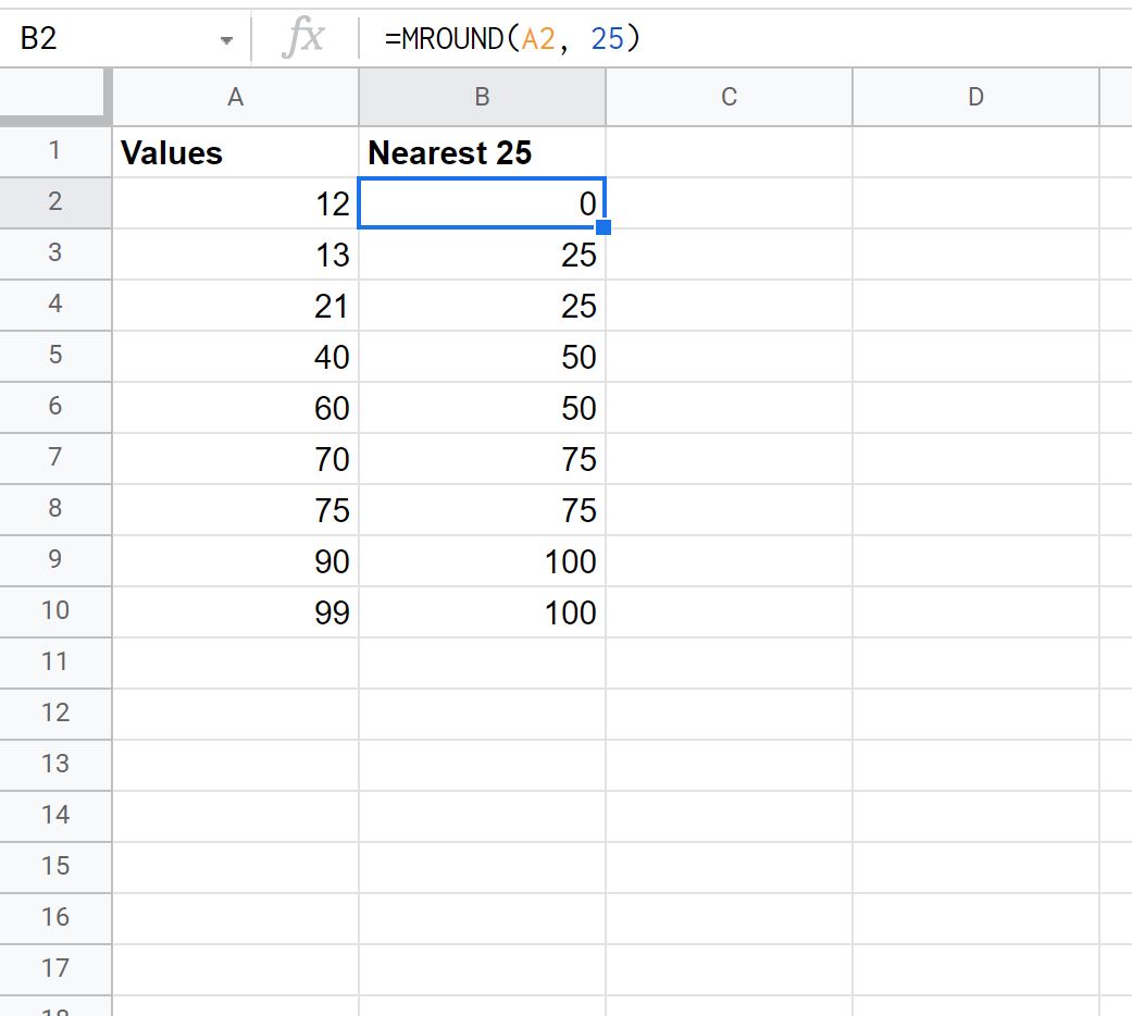 Google Sheets round to nearest 25