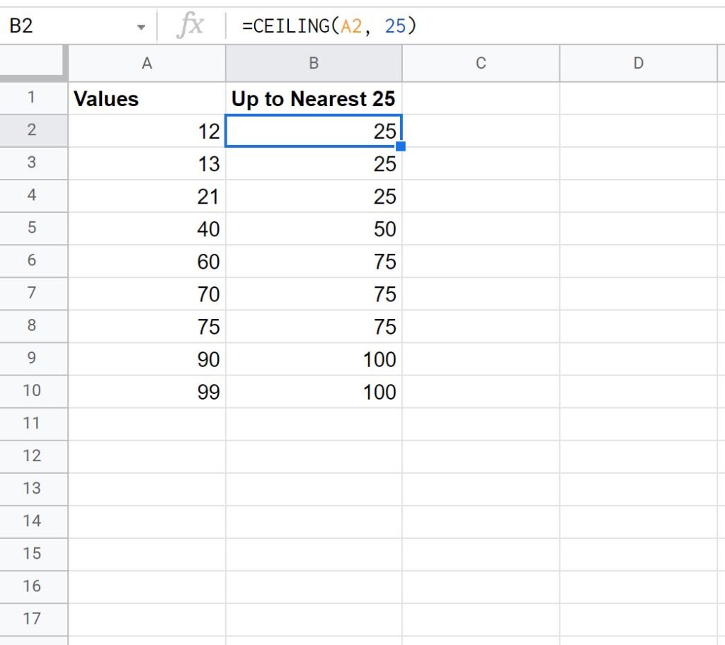 How to Round to Nearest 25 in Google Sheets? 2