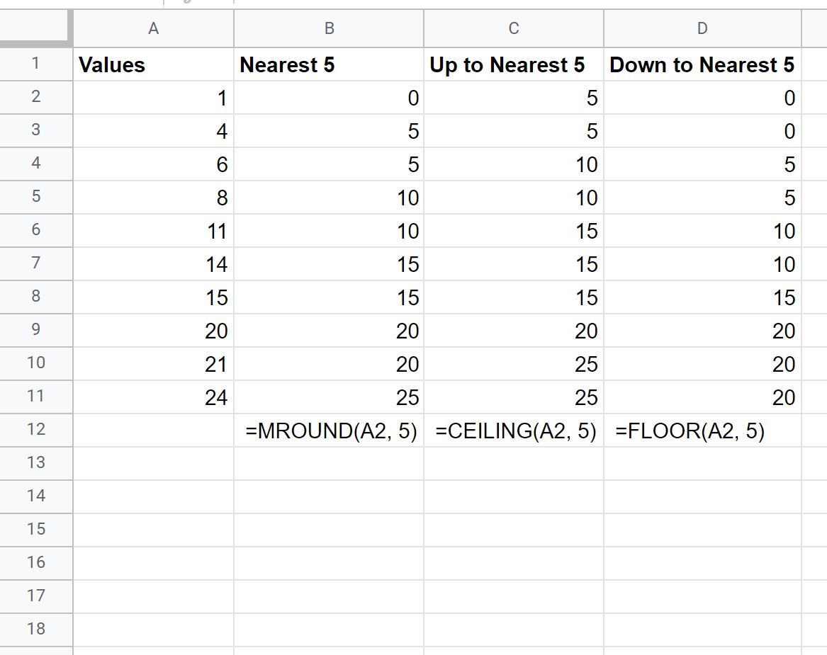 Google Sheets round to nearest 5