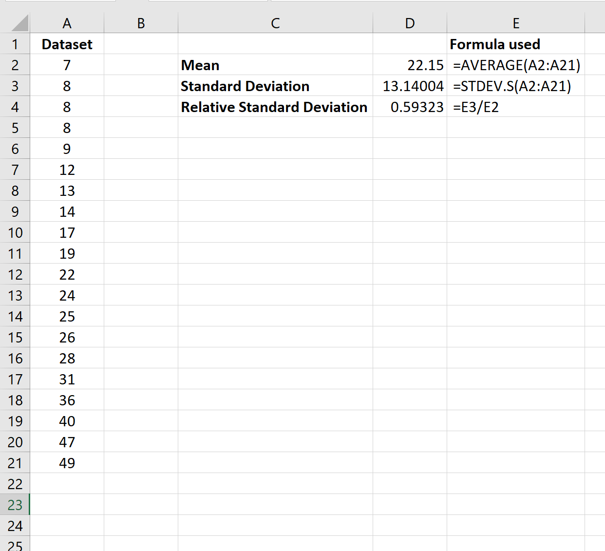 Relative standard deviation in Excel