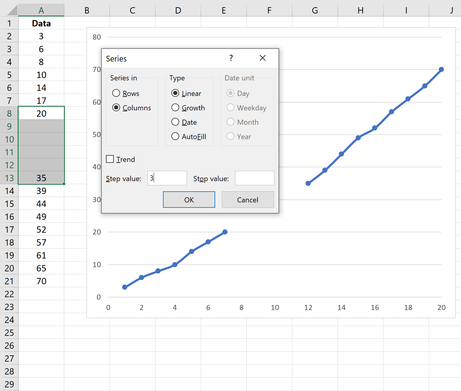 Linear fill a series in Excel
