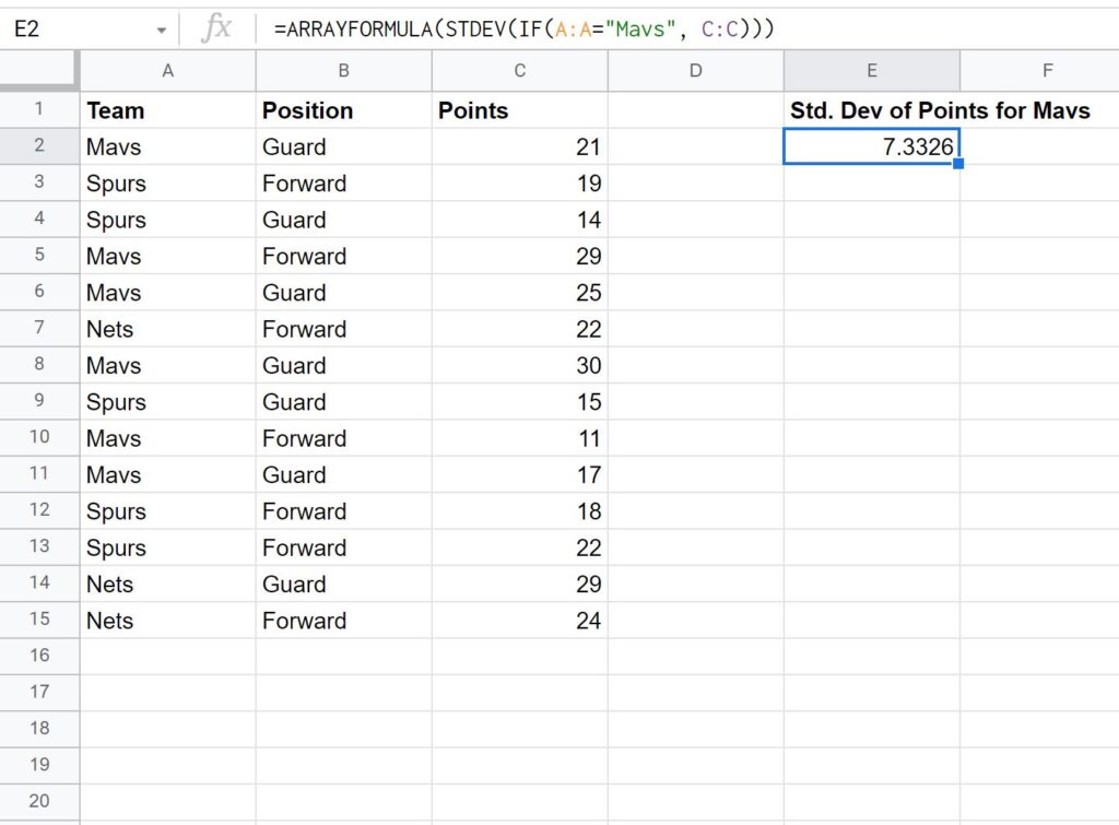standard deviation if calculation in Google Sheets