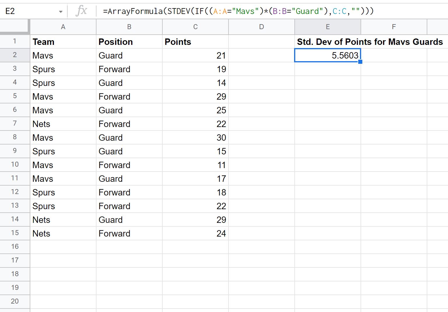 standard deviation if calculation in Google Sheets