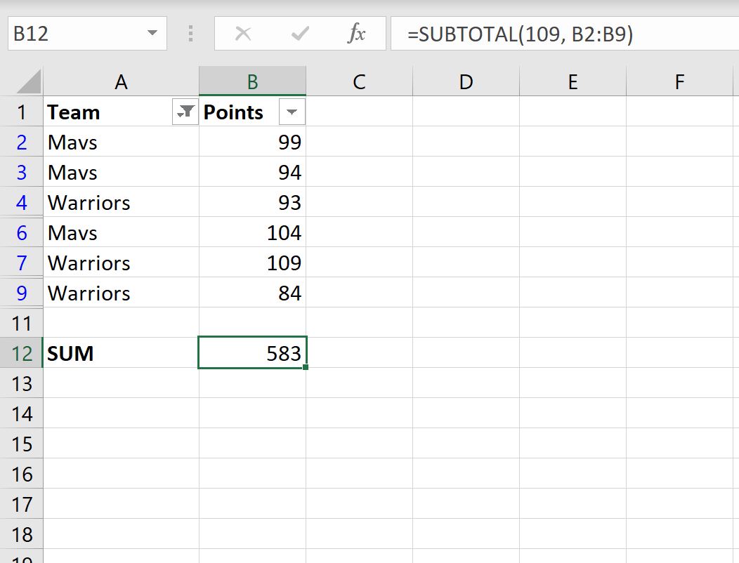 sum filtered rows in Excel