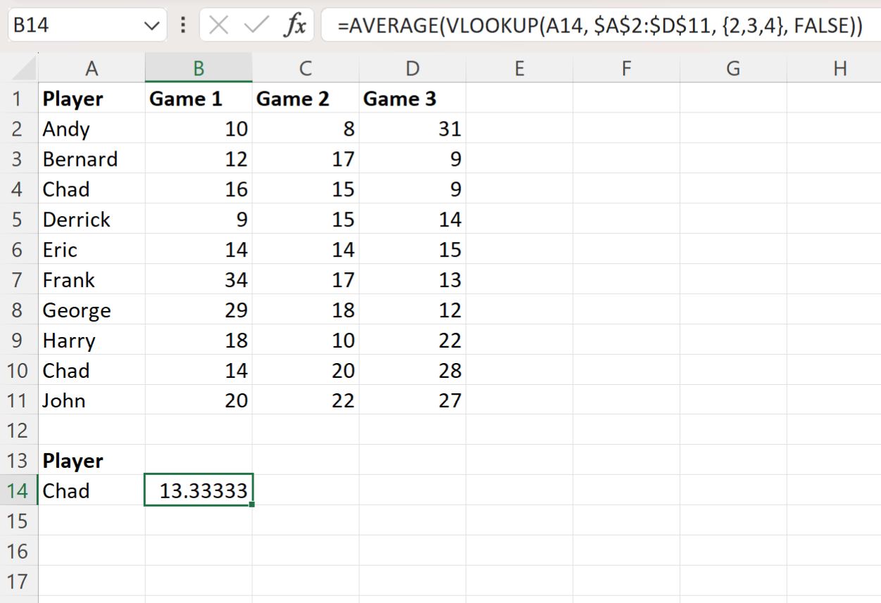 Excel VLOOKUP and AVERAGE formula
