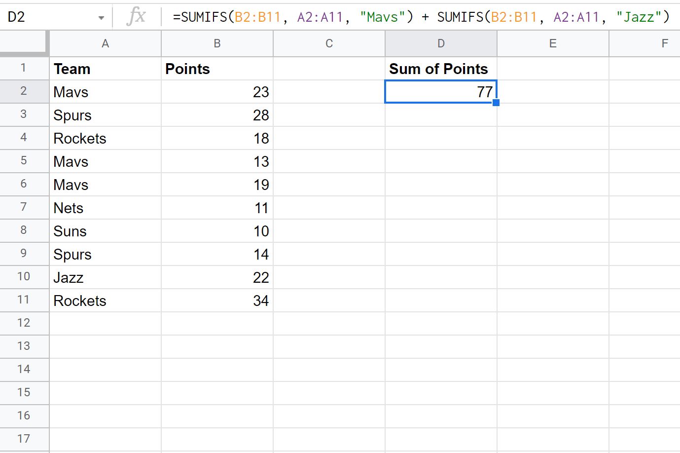 SUMIF OR formula in Google Sheets